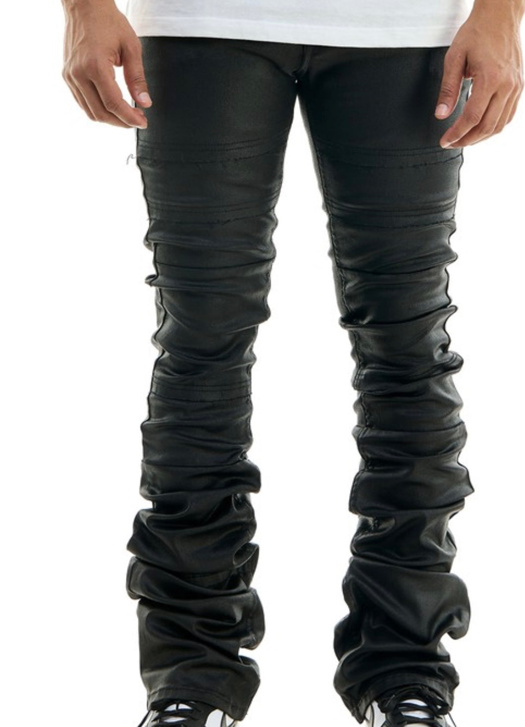 MEN SUPER SUPER STACKED  BLACK WAXED PANTS