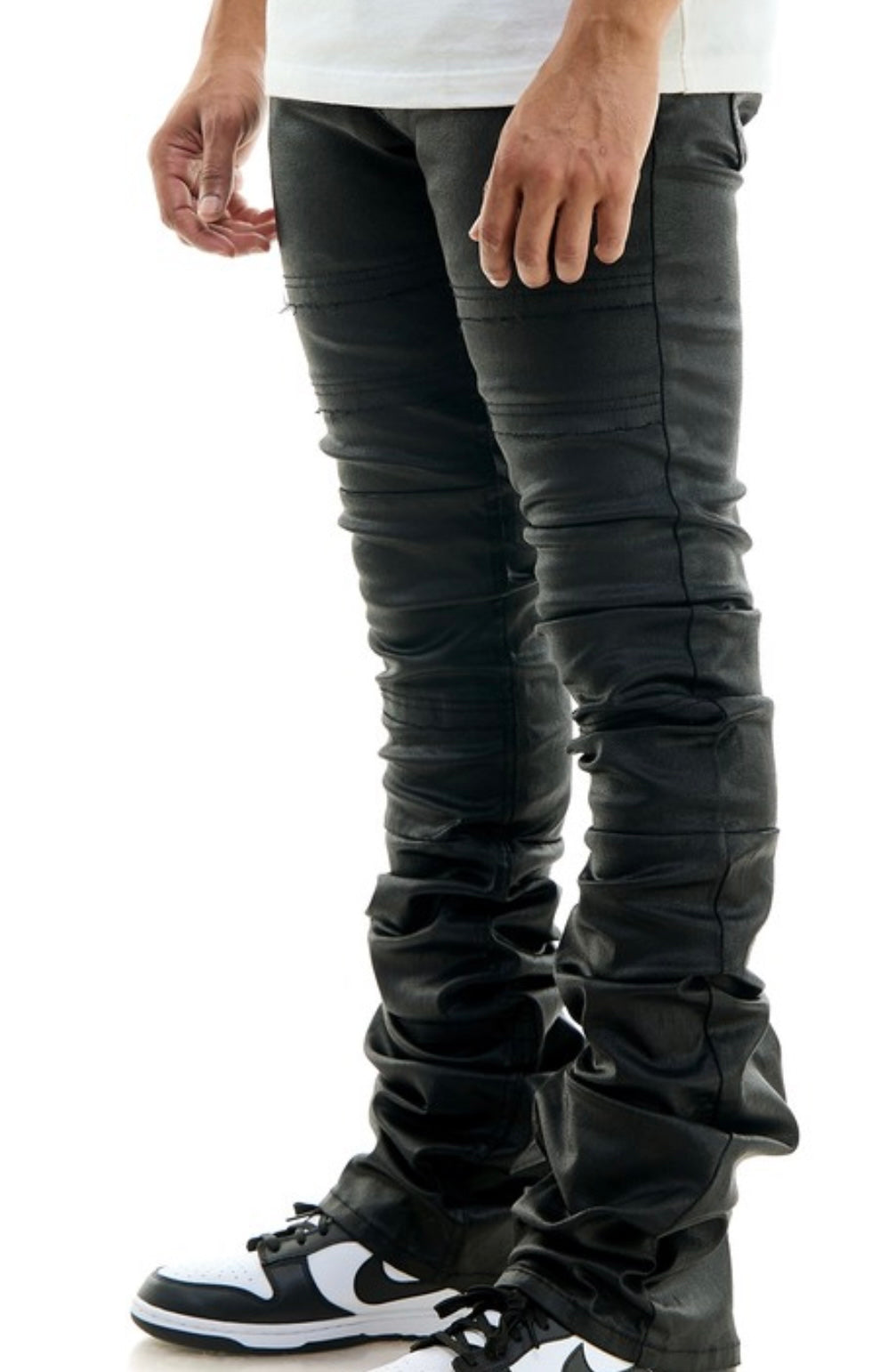 MEN SUPER SUPER STACKED  BLACK WAXED PANTS