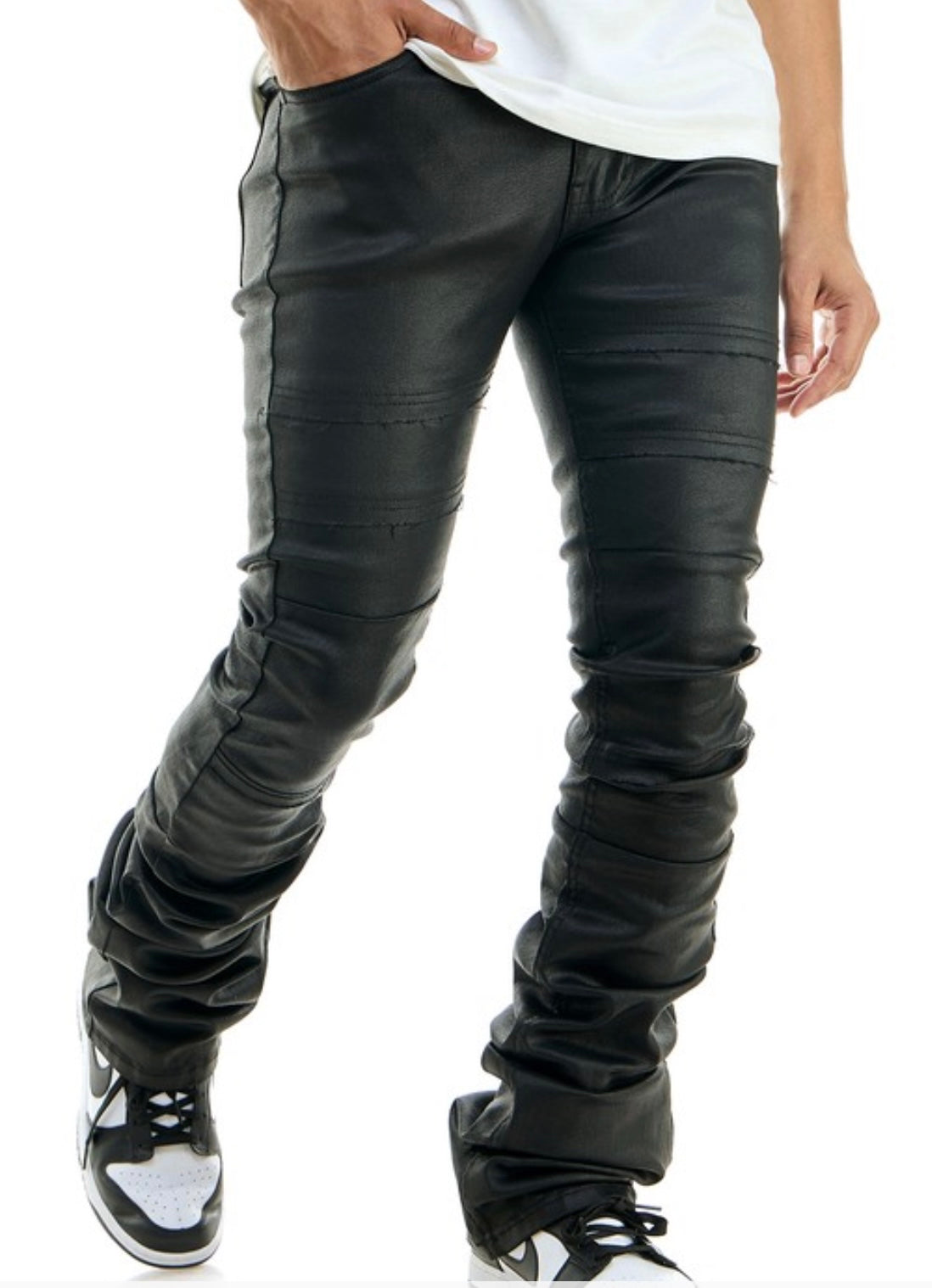 MEN SUPER SUPER STACKED  BLACK WAXED PANTS