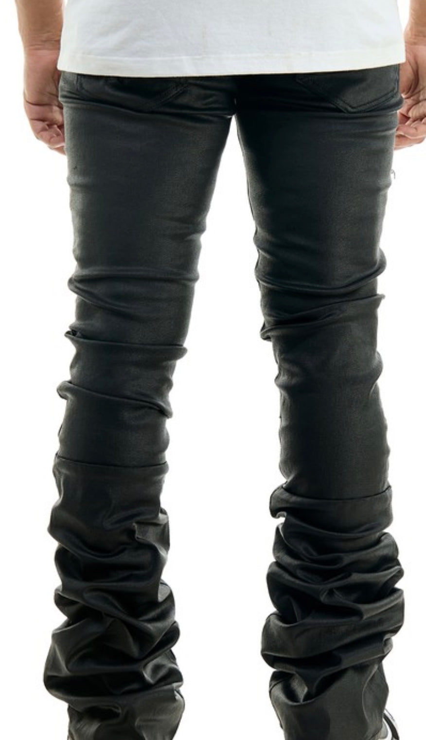 MEN SUPER SUPER STACKED  BLACK WAXED PANTS