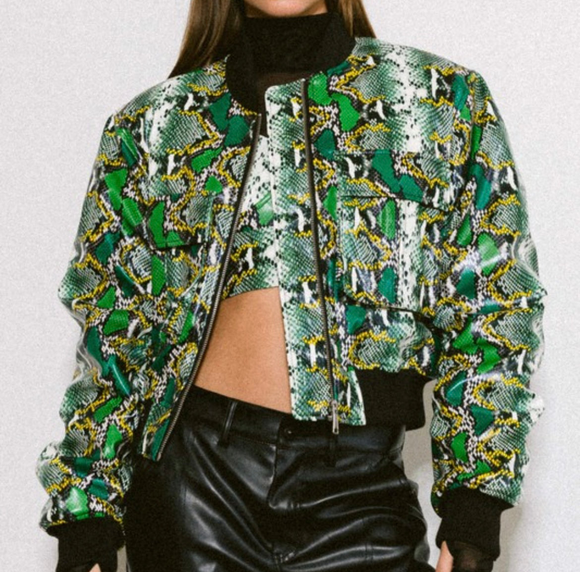 SNAKE SKIN LOOK GR/YEL/BLK VEGAN LEATHER JACKET