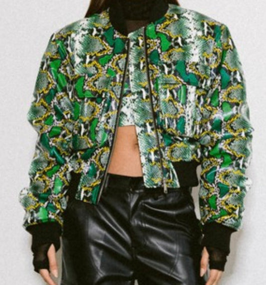 SNAKE SKIN LOOK GR/YEL/BLK VEGAN LEATHER JACKET